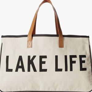 Canvas Tote Bag with Leather Handles - Cream and Tan